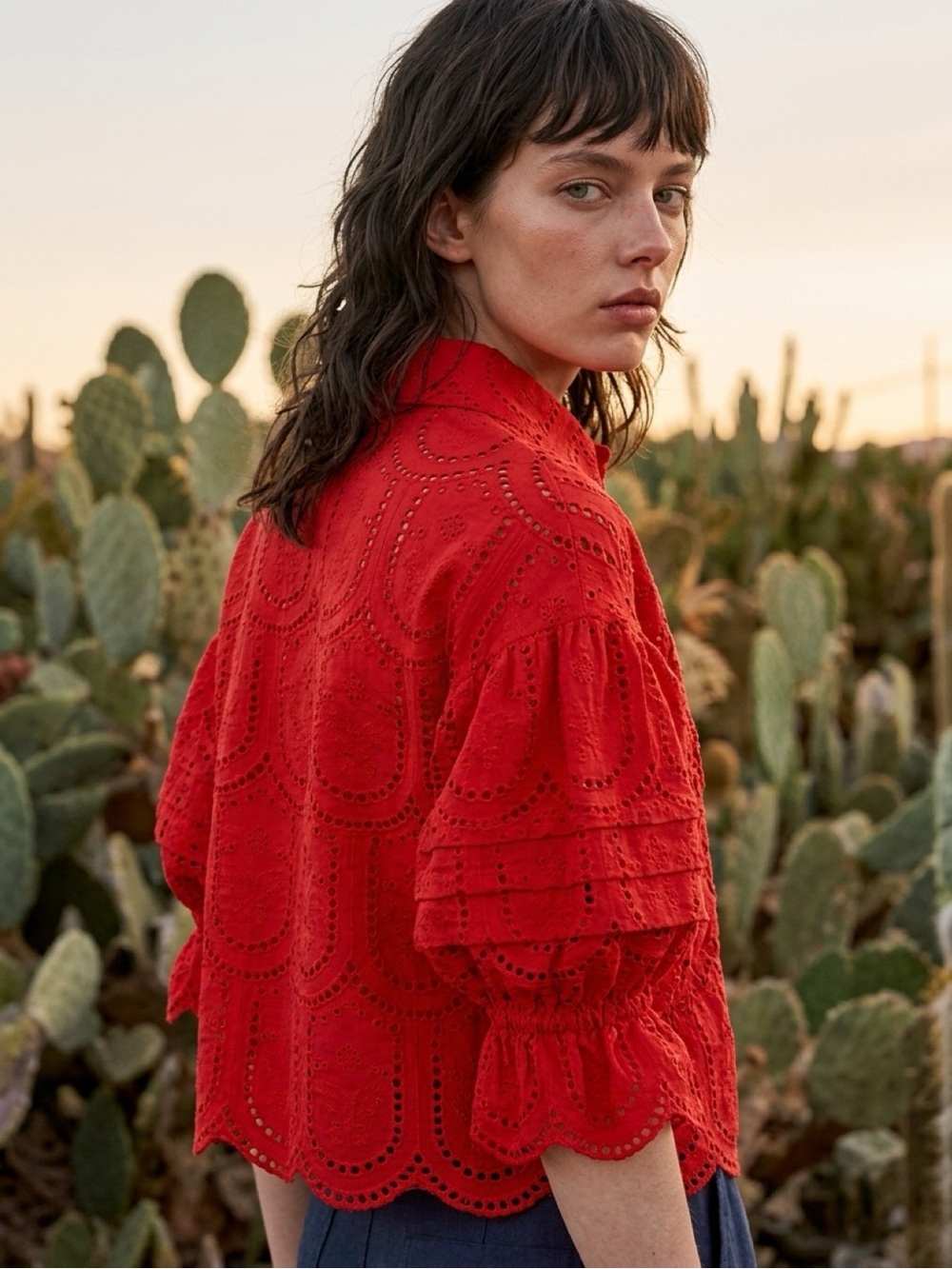 FARM Rio Red Eyelet Button-Front Puff Sleeve Blouse with Matching Red Camisole - Picture 2 of 9